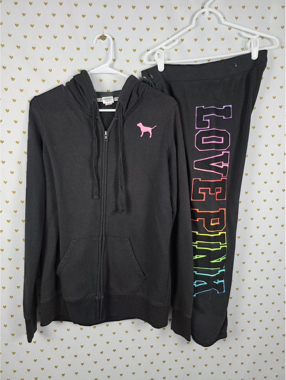 Victorias Secret Pink VINTAGE HTF Rainbow Embroidered SET Hoodie Sweats SMALL - Picture 3 of 10